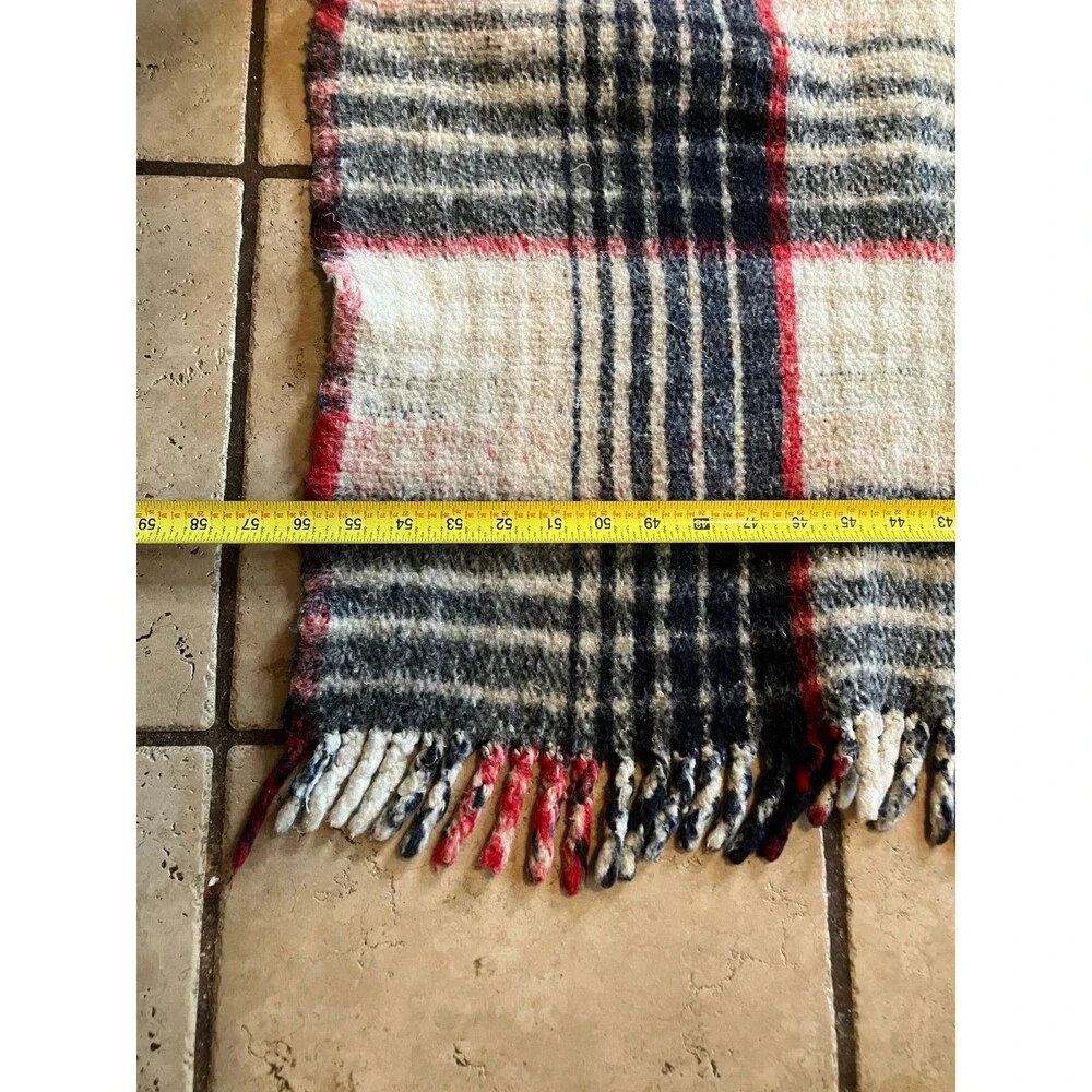 Pine Brooks Maroon Black White Plaid Reversible Fringe Blanket 59”x82” Vintage